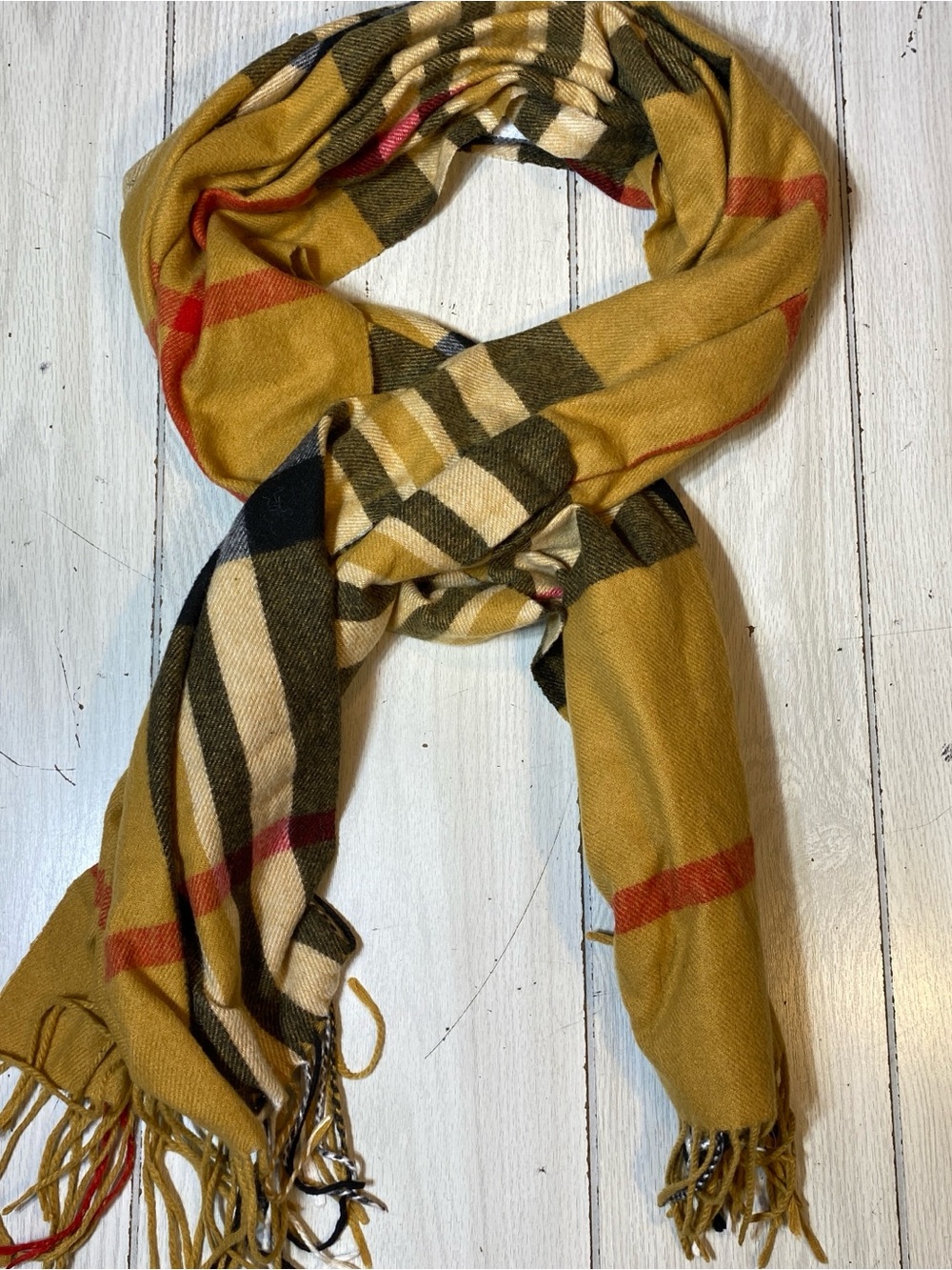 Cashmere Check Plaid Fringe Winter Scarf Unisex Tan Tartan Pattern